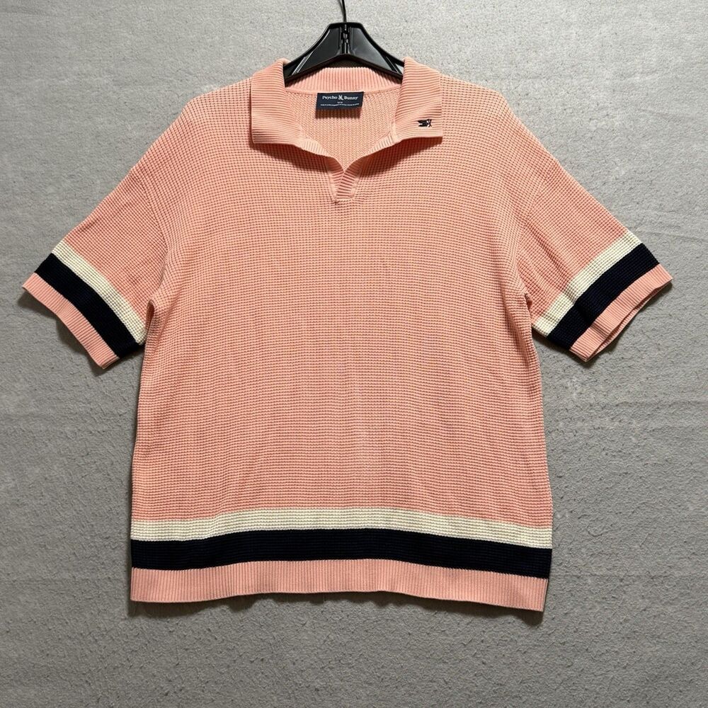 Psycho Bunny Lochlan Knit Polo Mens Medium Peach Johnny Collar Cotton Slim Fit